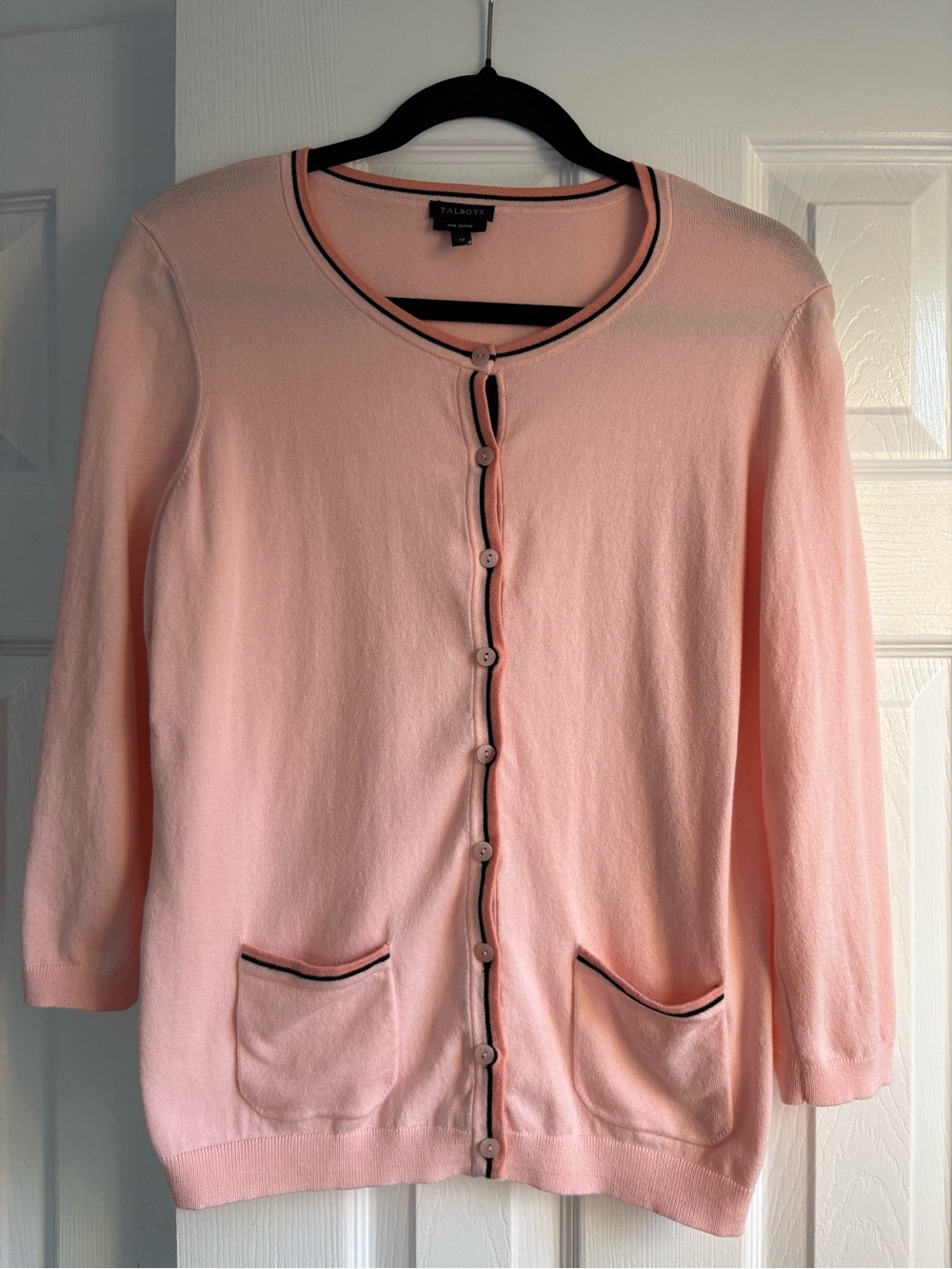 Talbots Blush Pink Button-Front Cardigan with Contrast Trim